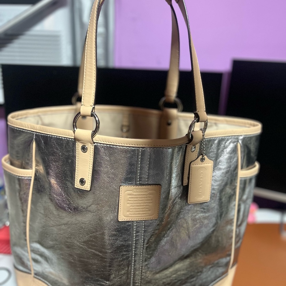Coach Metallic Silver and Tan Tote Bag